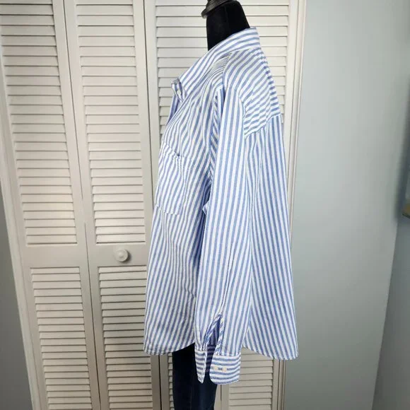 H&M Blue White Stripe Button Front Top L Long Sleeve 100% Cotton Coastal Capsule - Picture 6 of 10